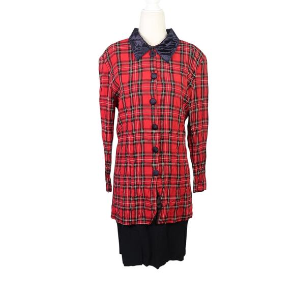 Vintage 80s Just In Thyme Red and Black Plaid Knee Length Dress 12 - Picture 1 of 6